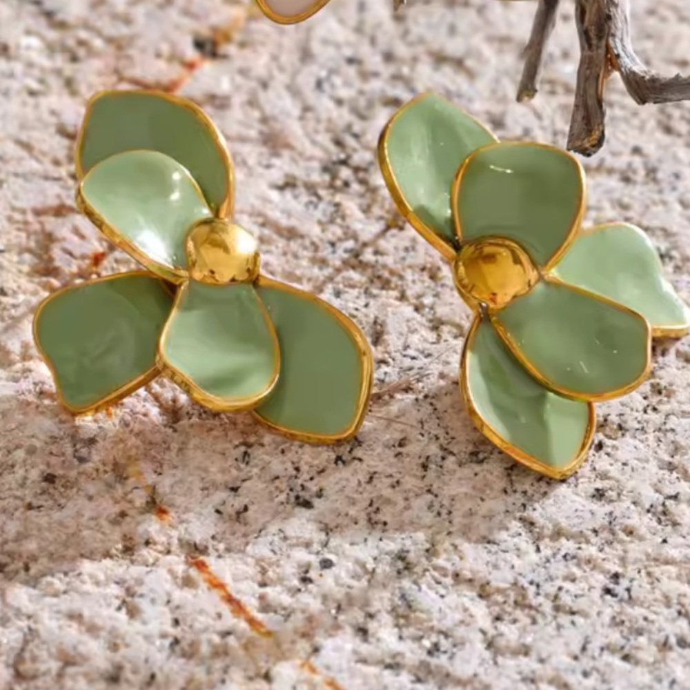 Sage Green Petal Floral Gold Earrings - Picture 3 of 8
